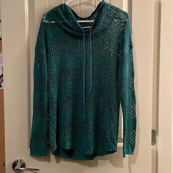 Teal Open Weave Cowl Neck Long Sleeve Sweater - Picture 6 of 7
